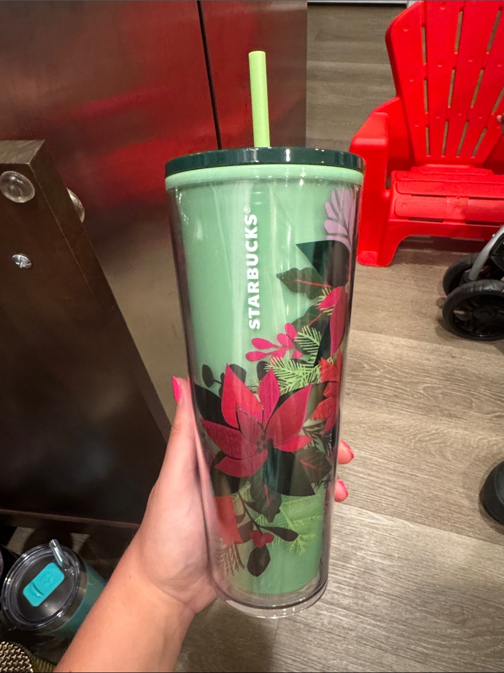 Starbucks Green Tumbler with Pink Floral Design and Green Straw